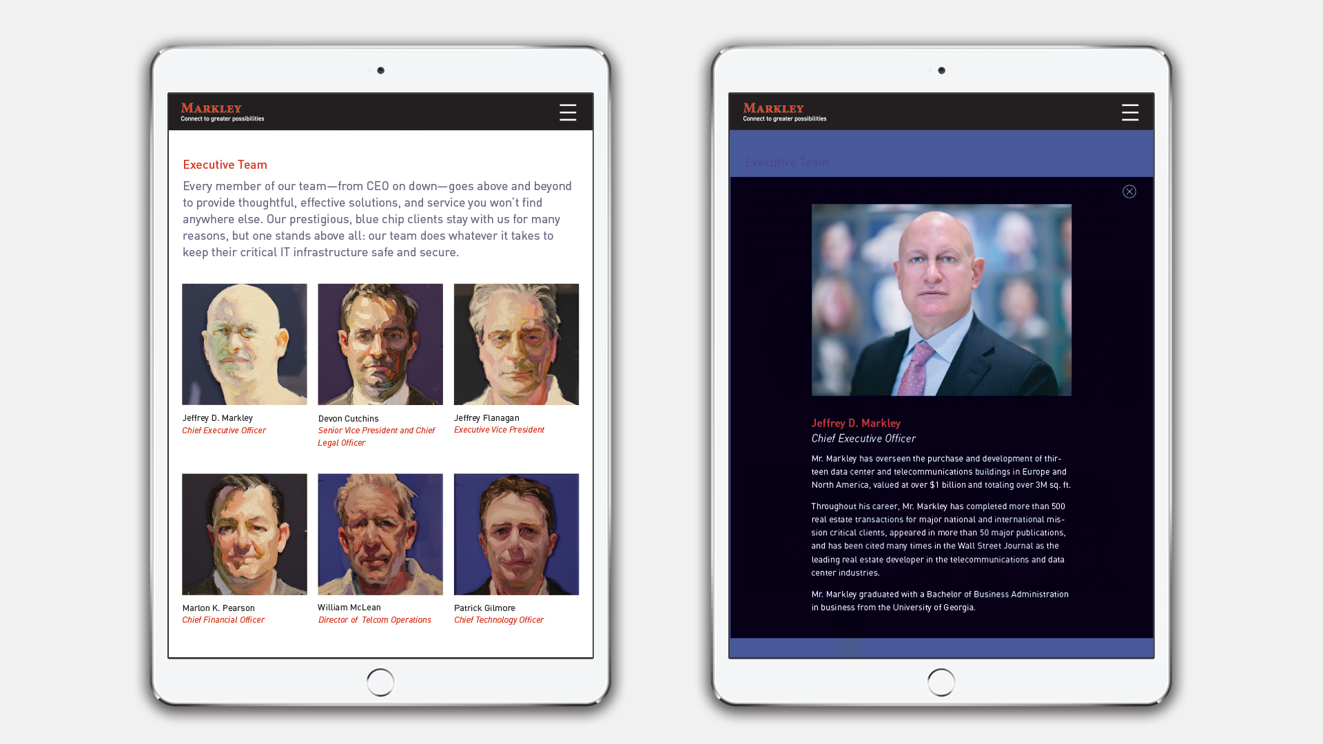 markley group website. tablet and mobile screens. executive team page