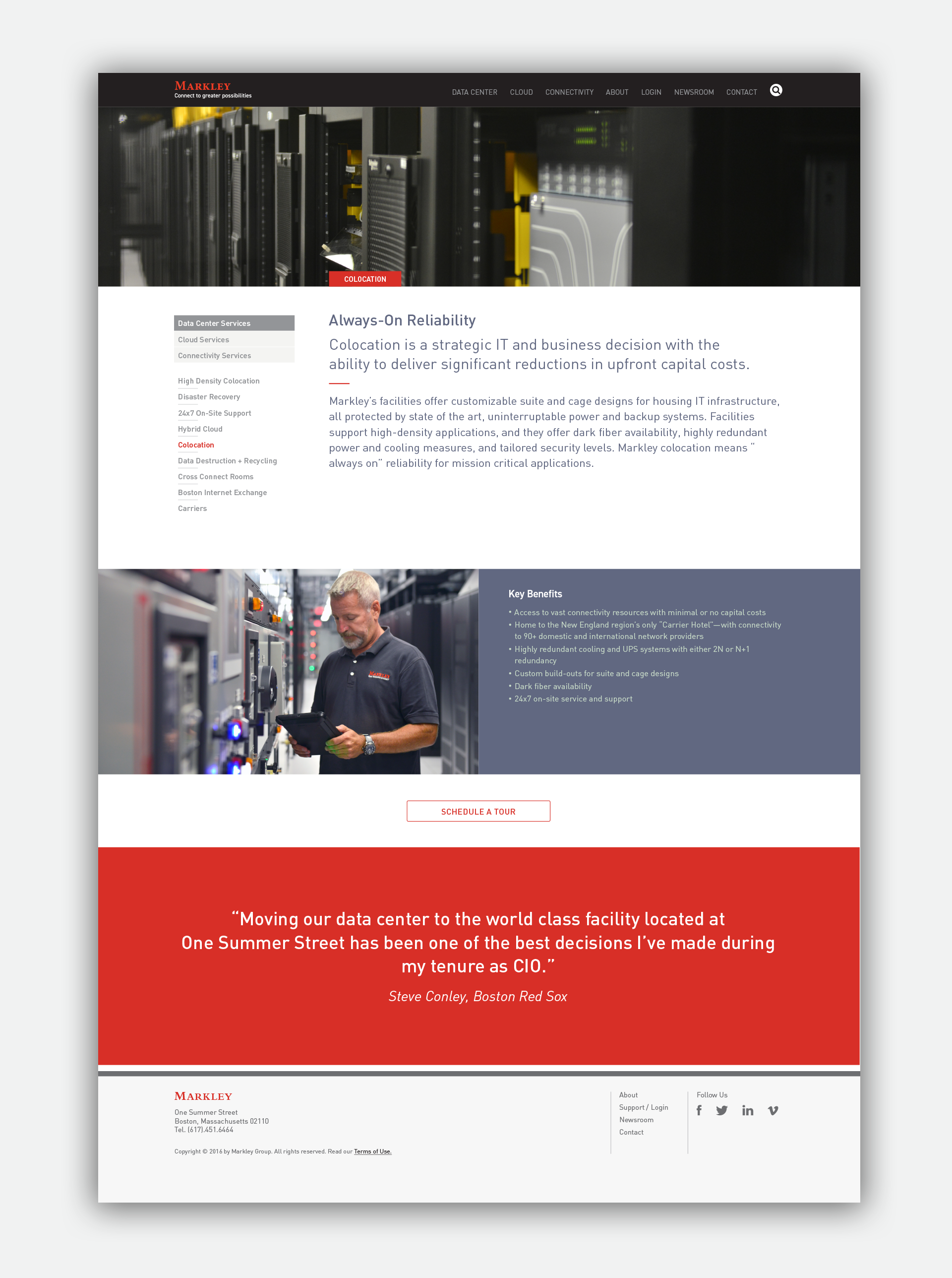 markley group website. desktop screen. colocation services page.